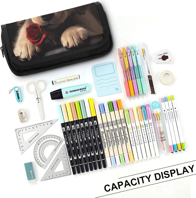 Pencil Pouch Cute Pet Dog Pencil Case Zipper Storage Bag with 2 Compartments Portable Multifunctional Bag Desk Organizer Marker Pen Case