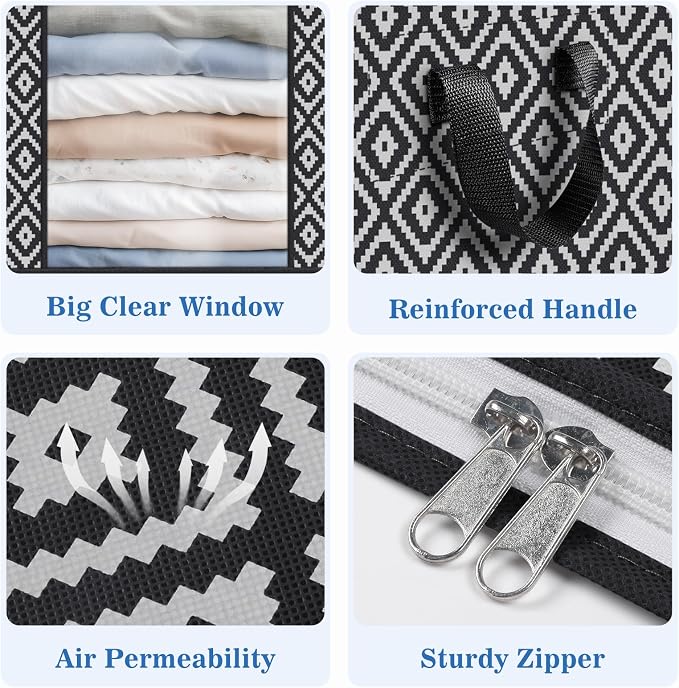 100L 6 Pack Storage Bags, Foldable Clothes Bins with Clear Window, Black | Blanket Storage Containers with Reinforced Handles for Bedding, Comforters, Clothing, Quilts and Closet Organization