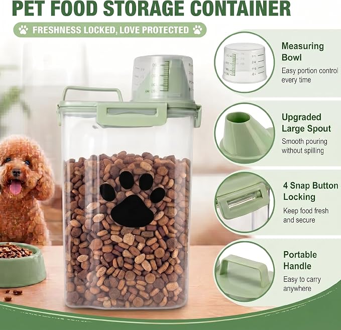 Dog Storage Container with cleaning brush with Measuring Cup | Airtight Portable Pet Food Containers with Upgraded Large Spout and Cup for Dogs,Cats,Birds,Small Animals（Green）
