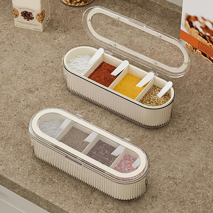 4 Dividers Condiment Pot with 4 Spoons, PP and PET Container Condiment Box | Clear Lid, Store Salt, Sugar, Pepper Powder, Cinnamon Powder, Cumin Powder, Parsley Flakes