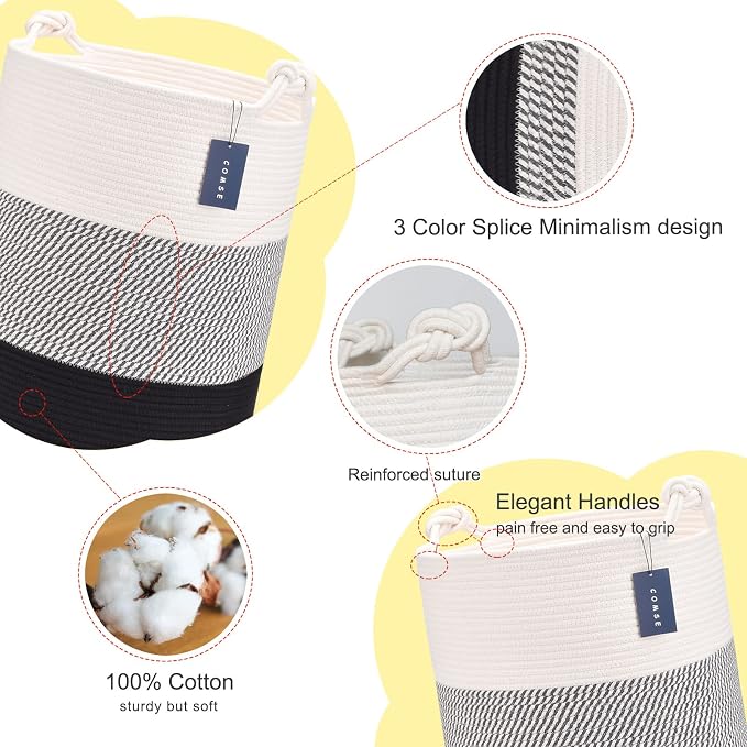 COMSE Tall Woven Blanket & Laundry Basket, 72L, White & Gray & Black | 15.7”x 21.7”, Cotton Rope, Large Nursery Hamper for Storage of Toys Clothes Towels, Great for Living Rooms Bedrooms Bathrooms