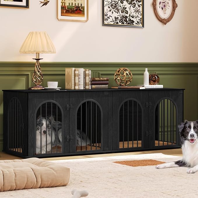 Hzuaneri 70.9" Double Dog Crate Furniture, Dog Kennel Indoor with Cushion | Heavy Duty Dog Crate Furniture for 2 Dogs,Dog Cage End Table TV Stand with Divider for Med-Large Dogs,Black DFC81904B