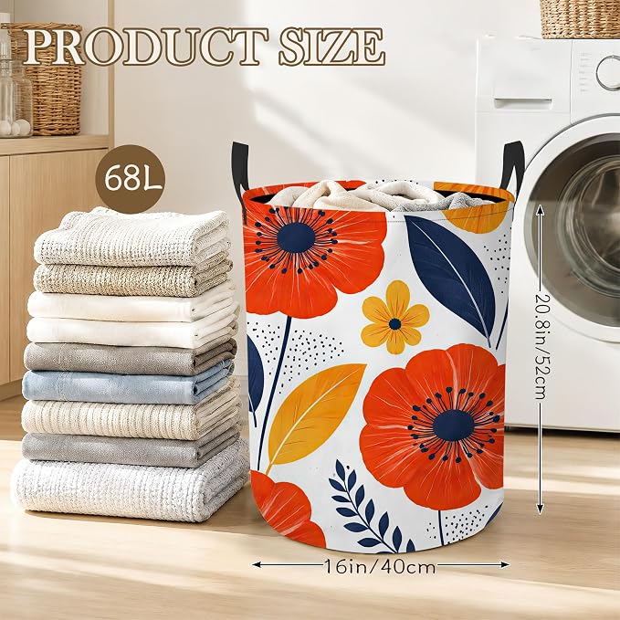 Moon Stars Laundry Hamper, Floral Leaves Laundry Baskets, Waterproof Oxford Cloth for Room/Bathroom/Bedroom/Dormitories 16x20.8 Inch