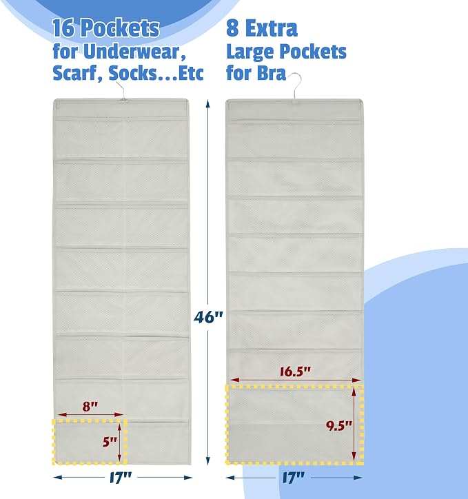 Simple Houseware 24-Pocket Double-Sided Hanging Closet Organizer | 1 Pack, for Bra & Underwear Storage with Rotating Hanger, Mesh Fabric, Gray