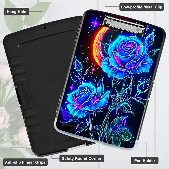 Blue Rose Moon A4 Clipboard with Storage Pen Holder, Clipboards Organizer Nursing Clipboard Foldable File Folder Plastic Clipboard Folio Clip Board for Office Students Classroom Doctor