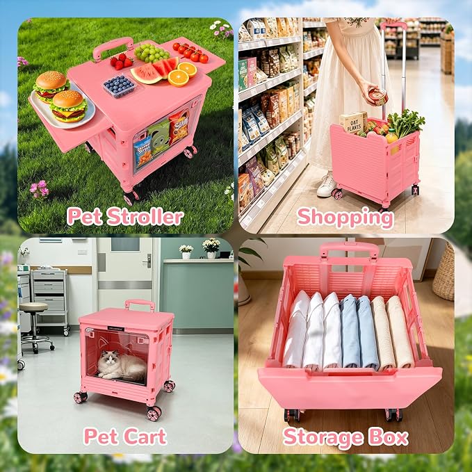 FELICON SELORSS Folding Utility Cart Portable Rolling Crate Handcart-Pink | Magnetic Sliding Lid+Lockable Transparent Front Panel,Telescoping Handle,4 Swivel Wheels Tote for Travel Shop Office Teacher