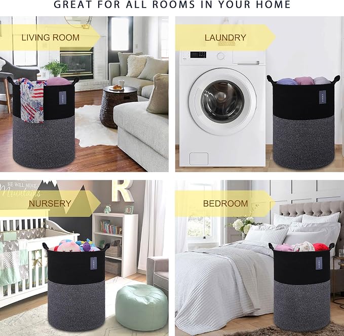 COMSE Tall Woven Blanket & Laundry Basket, 72L, Black | 15.7”x 21.7”, Cotton Rope, Large Nursery Hamper for Storage of Toys Clothes Towels, Great for Living Rooms Bedrooms Bathrooms