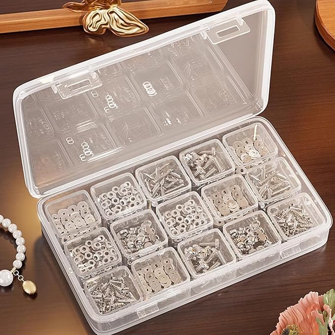 2 Pack 15 Grid Storage Organizer, Independent Small Compartment Boxes | Portable storage boxes for earrings, beads, nail art rhinestones and small hardware to prevent clutter.
