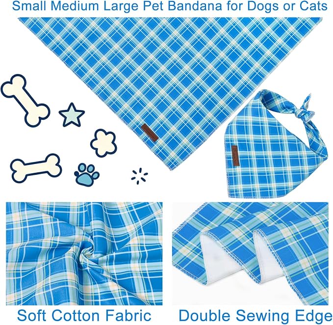 Blue Checkered Dog Bandana, Spring Summer Blue Plaid Puppy Bandana for Boy Male Dogs, Soft Cotton Pet Triangle Bid Scarf Kerchief for Boy Dogs or Cats