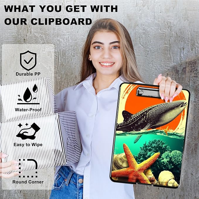Heavy Duty Storage Clipboard, Slim Nursing Clipboard with Internal Pen Case, Portable File Organizer Case for A4 Letter Size Paper Office Medical Professionals, Whale Sunset Starfish
