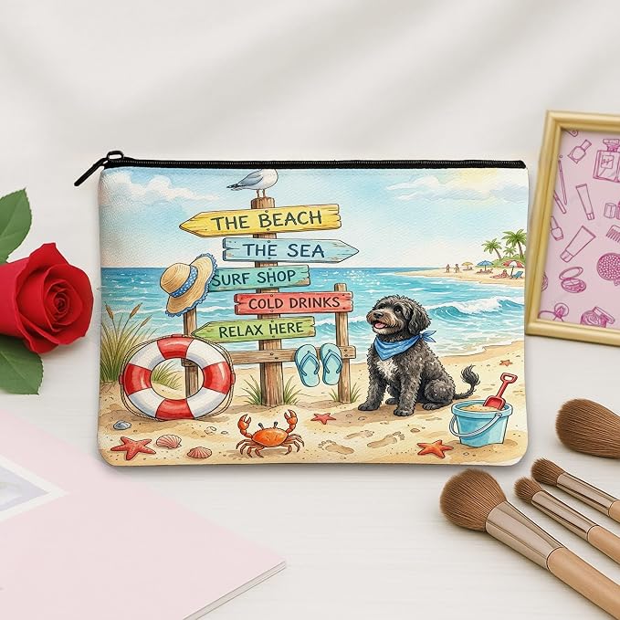 Portuguese Water Dog Makeup Bag, Cute Coastal Beach Seaside Cosmetic Travel Pouch for Women, Gifts for Girls, Pet Portable Small Canvas Zipper Organizer 7x9 Inch