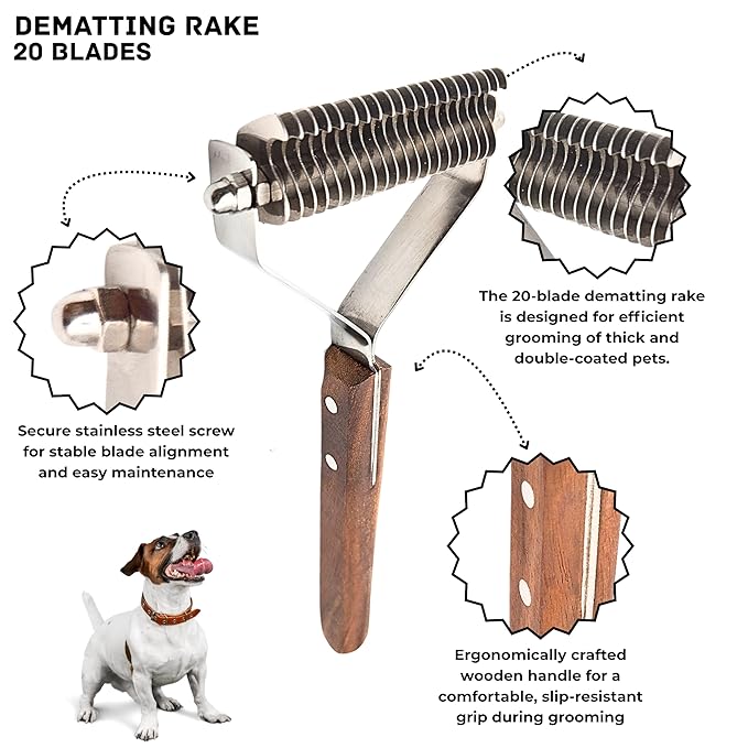 Undercoat Dematting Rake for Dogs & Cats – Grooming Tool with Stainless Steel Teeth & Wood Handle – Undercoat Remover for Thick & Matted Pet Fur (20 Blades)