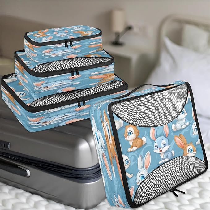 Packing Cubes for Travel, Animals Rabbits Travel Luggage Packing Organizers for Women Men, Large Custom Toiletries Bag for Cosmetics Toiletries, Cartoon Rabbits