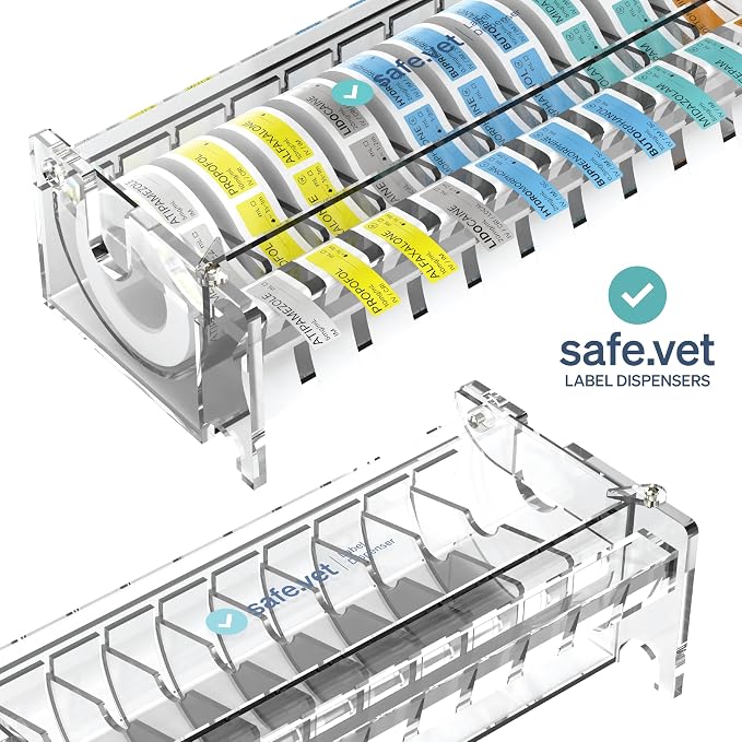 Veterinary Syringe Label Dispenser by Safe Vet | Countertop Injectable & Pharmacy Label Organizer for Vet Clinics, ICU, Surgery & Anesthesia (10 Slots)