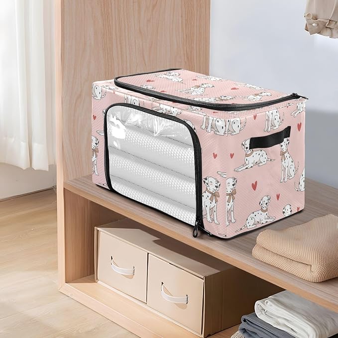 Cute Pets Dogs Pink print Under Bed Storage Containers with Double Zipper Openings, Foldable Clothes Storage Bins with Clear Window and Handles for Comforters Blankets Bedding
