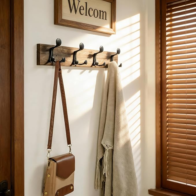 SKOLOO 24-Inch Wood Burnt Coat Rack Wall Mount with 4 Triple Hooks - Ideal for Family Entrances, Classrooms, and Pet Supplies Storage - Perfect Coat Hooks for Wall, Pack of 2