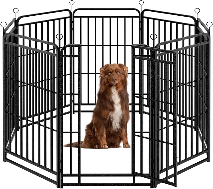 Kfvigoho Heavy Duty Dog Playpen 8 Steel Panels 47" Height | Square Steel Pipe with Reinforced Crossbars, 18FT 25 Sq.ft Portable Dog Fence Outdoor for Yard & RV Camping, Snowy Black