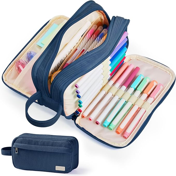 Sooez High Capacity Pencil Case, Soft Corduroy Pencil Pouch | Large Pencil Bag with 4 Compartments, Sturdy Zipper, Cute Case Pouch Organizer for Student Teen Girls, Navy Blue