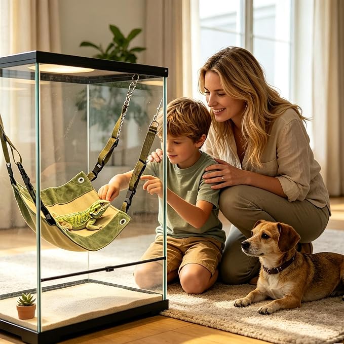 Bearded Dragon Hammock, Reptile Climbing Bed, Gecko Rest Stand | Breathable Oxford Cloth Stable Lounger with Hanging Hooks, for Lizard Frog Turtle Small Snake Tarantulas Chameleon Geckos