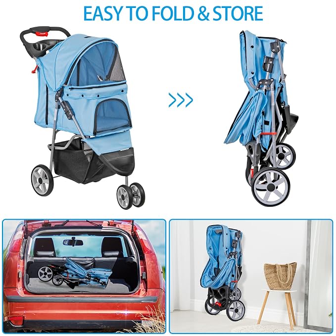 ZENY Pet Stroller for Small/Medium Dogs and Cats Foldable Dog Stroller | with 3 Wheels, Pet Strolling Cart, Dog Travel Carrier with Storage Basket, Cup Holder, Blue