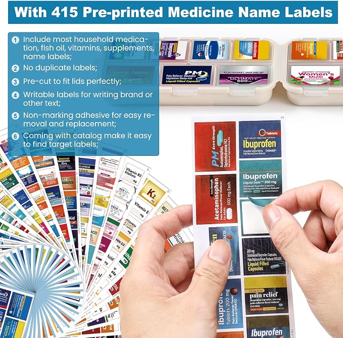 14 Grids Travel Pill Organizer Box with 415-Pcs Medicine Name Labels - Pocket Daily Pharmacy Case Container Kit - Travel Medication Holder Dispenser for Fish Oil Vitamin Supplement Storage - Khaki