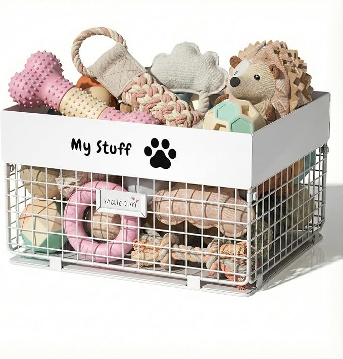 qeerable Dog Toy Box- Metal Toy basket for Dog - Dog Toys Storage Bin for Pet - Personalized Large Dog Toys Basket for Puppy and Pet- White Chew Resistant Dog Toy Chest & Organizer