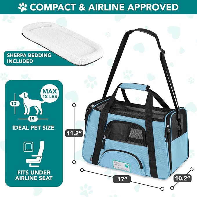 PetAmi Airline Approved Pet Carrier for Cats & Small Dogs, Small Light Blue | Soft Sided TSA Travel Bag, Sherpa Bed, Breathable Mesh Ventilation, Collapsible Bowl, Fits Under Seat, Up to 18 lbs
