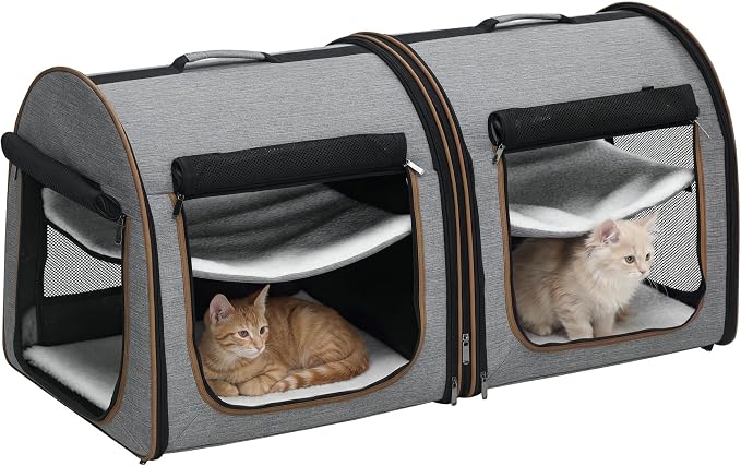 PawHut 39" Portable Soft-Sided Cat Carrier, Two Compartments, Light Gray | Cat Kennel, Travel Dog Crate with Divider, Soft Cushions & Storage Bag, Easy to Fold