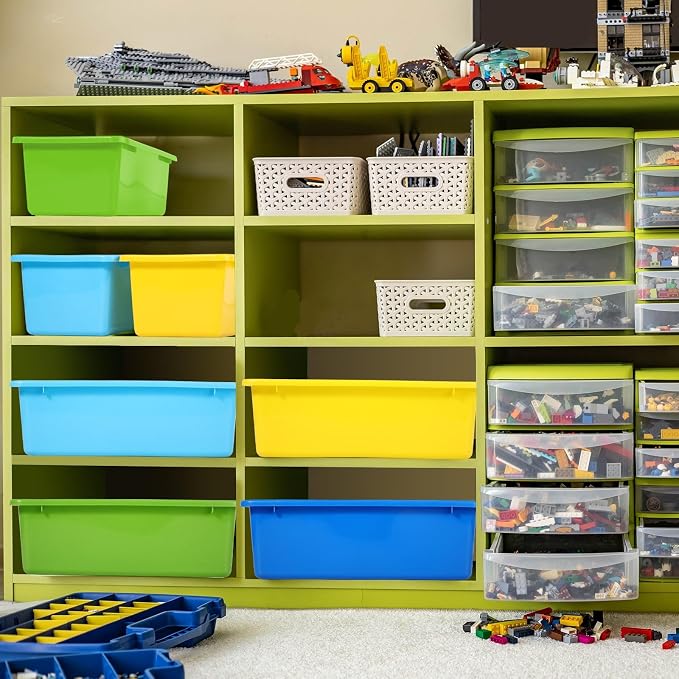 Zonon 12 Pcs Plastic Cubby Bins Office Storage Container Storage Bins Plastic Organization with 1 Pack Self Adhesive Label for Library Office Home Nursery(Cute Colors)