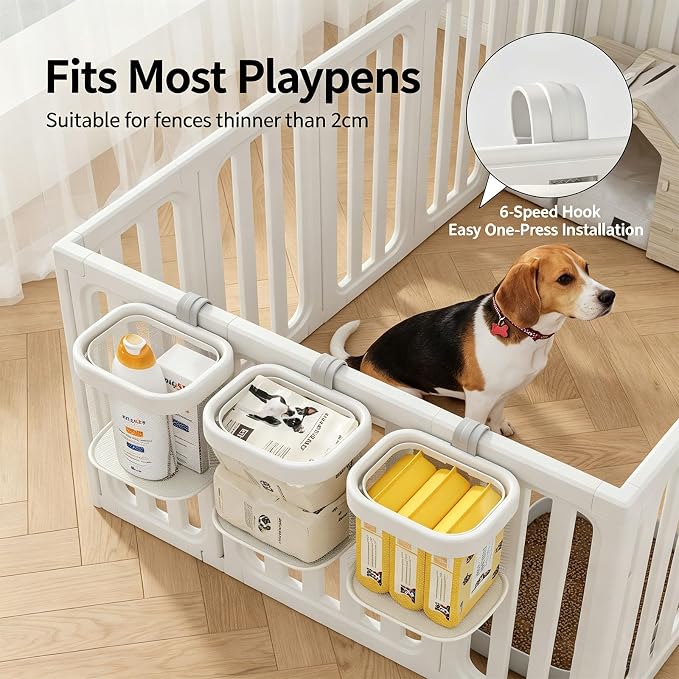 Playpen Side Storage Basket Set, Pet Fence Hanging Organizer Bask | Sturdy PP Frame Construction, Wide Open Top Access, 3 Piece Sorting Organization, Fits Playpens and Fences