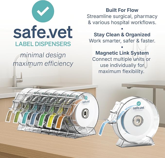 Veterinary Syringe Label Dispenser by Safe Vet | Connectable Countertop Injectable & Pharmacy Label Organizer for Vet Clinics, ICU, Surgery & Anesthesia