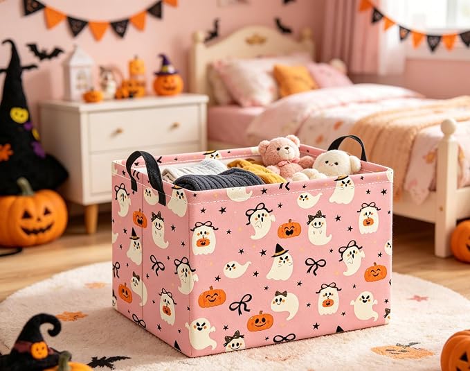 Halloween Basket Cute Baskets for Kids Pumpkin Basket Rectangular Storage Bin Organizer Box Room Decor(Bowknot Ghost)