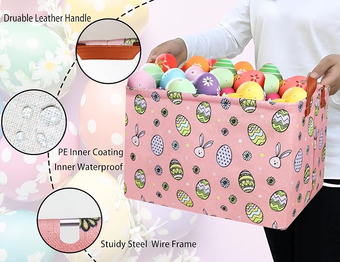 Large Rectangular Easter Baskets Empty Waterproof Boy Toy Box Foldable Kid's Gifts Storage Bin Spring Room Decor(Pink Black Line Egg)