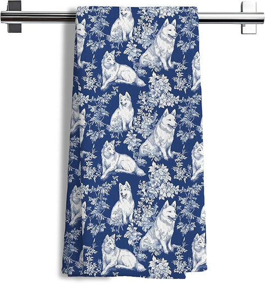 Siberian Husky Dog Gifts for Blue Chinoiserie Floral Decor Kitchen Towels，Blue and White Grandmillennial Husky Dog Decorative Dish Tea Towels for Bathroom,16x24 Inch