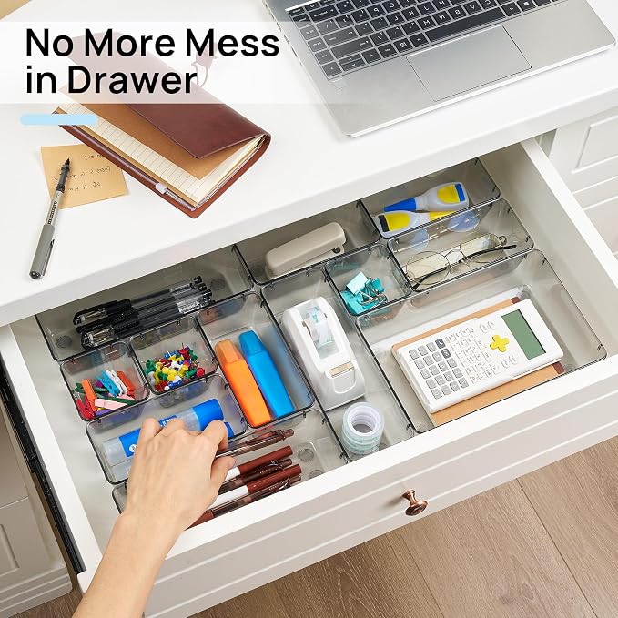 Vtopmart 25 Pack Plastic Drawer Organizers with Non-slip Rubber Pads | 4-Size Versatile Makeup Organizer, Storage Containers Small Bins for Makeup, Jewelries, Bedroom, Kitchen Utensils and Office