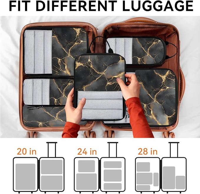 Black 6 Set Compression Packing Cubes Marble Expandable Packing Organizer for Travel Accessories Luggage Suitcase Bag