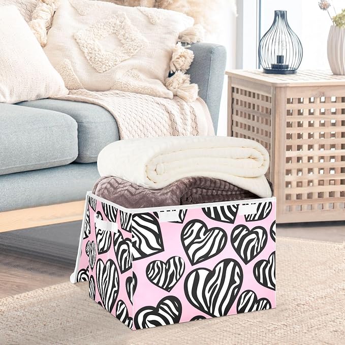 Zebra Heart Pink Storage Bins with Lids Closet Bedroom 40L Storage Basket | Decorative Storage Boxes, Foldable & Stackable, Dust-Proof Flip Top, Reinforced Handles, For Home & Dorm, Clothes & Toy Box