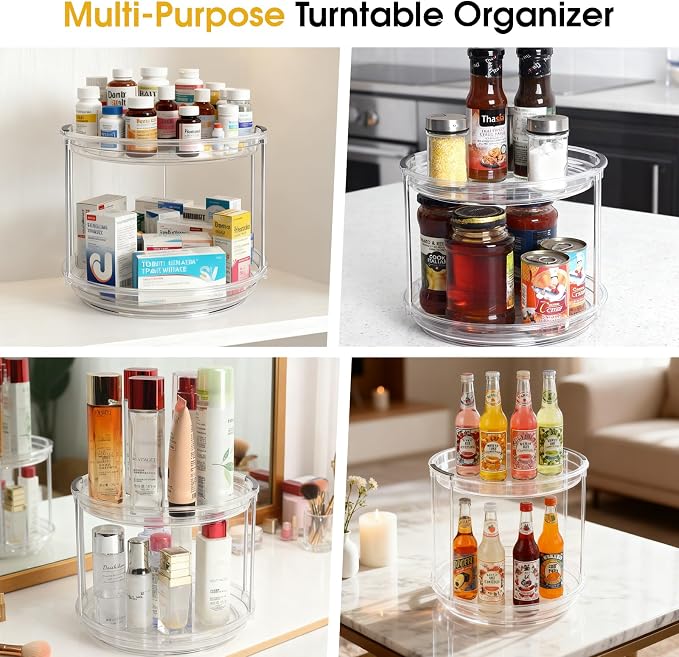 2 Pack Medicine Cabinet Organizer, Rotary Turntable Organizer for Medicine and Vitamin Bottles, Under Sink Organizer for Medicine, Bathroom Cabinet Storage, Easy Assembly, Transparent Clear
