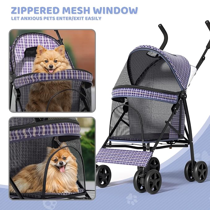 Magshion Compact Fold Pet Travel Stroller for Small Dogs Cats, Plaid | Up to 22lbs, 4-Wheel Lightweight Umbrella Shaped Design, Safety Tethers, Breathable Mesh, Cup Holder & Rear Storage