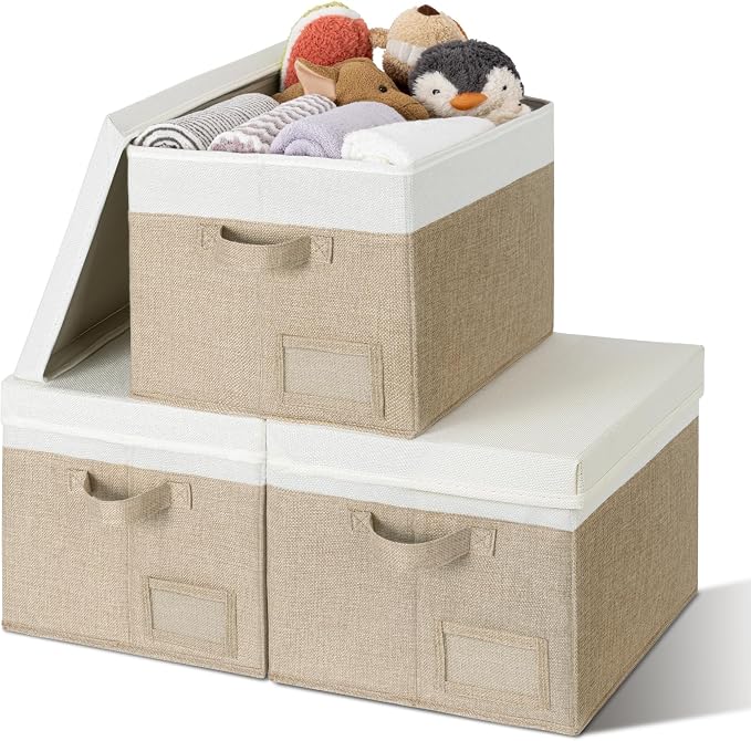GRANNY SAYS Storage Bins with Lids, Decorative Storage Boxes with Lids | Storage Box with Dust Cover, Handles & Lable, Collapsible, Ideal for Closet Clothes Blanket Toys, Large, White&khaki, 3-Pack