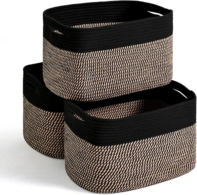 Storage Baskets for Organizing Shelves, Woven Cotton Rope Bins for Organization, Dog Toy Organizer for Shelf Living Room Bedroom, 14.8"×11"×9.5", Pack of 3, Black & Jute