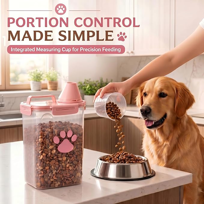 Dog Storage Container with Cleaning Brush and Measuring Cup | Airtight Portable Pet Food Containers with Upgraded Large Spout and Cup for Dogs,Cats,Birds,Small Animals(Pink)