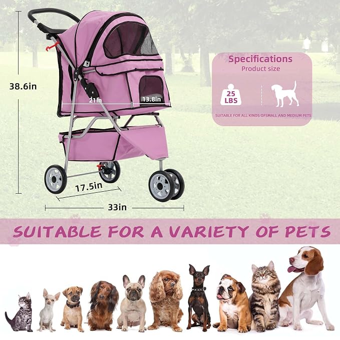 Dog Stroller With Storage Basket,3 Wheels Pet Stroller,Breathable Compact Portable Folding Carrier For Travel,Camping,Dog Carrier For Small Medium Dogs Or Cats,Lightweight Waterproof Pet Stroller,PINK
