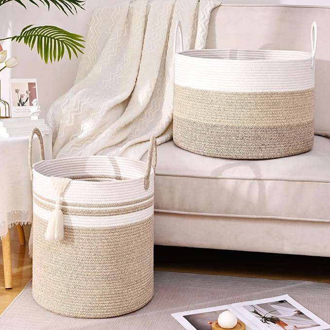 Laundry Hamper for Organizing, 52L Large Laundry Baskets, Cotton Rope Woven Blanket Basket, Collapsible Laundry Hamper for Living Room, Nursery, 15"×18", Jute
