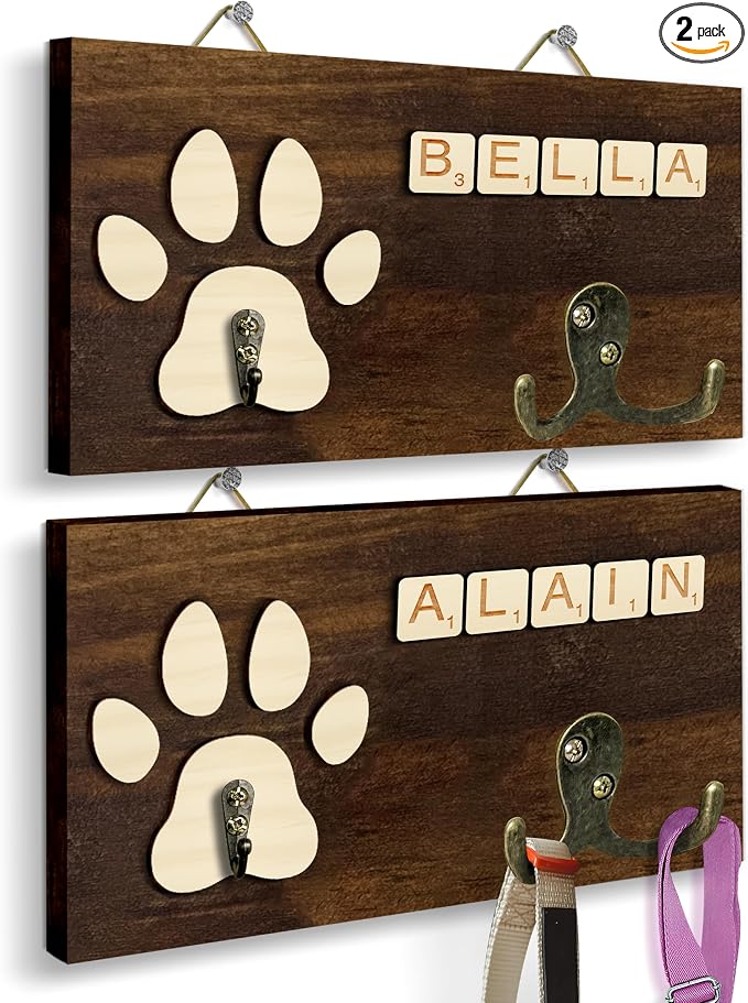 2 Pack Dog Leash Holder Wall Mount, Pet Harness Hanger with Scrabble Letters, Dog Collar Organizer for Entryway, Cat Leash Holder for Wall, Pet Loss Gifts, Keepsake, Home Decor PF218-CBW