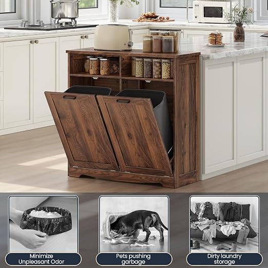 HOOBRO Double Tilt Out Trash Can Cabinet, 20 Gallon Kitchen Trash Bin Cabinet, Hidden Trash Storage with Open Compartments, Hidden Laundry Hamper, for Kitchen, Laundry, Walnut WL04LJ01