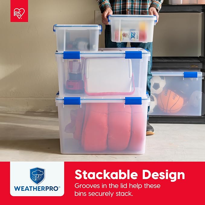 IRIS USA 3-Pack 16 Qt Storage Bins with Gasket Lids, Clear/Blue | WeatherPro seal protects shoes, crafts, documents and supplies from dust and moisture