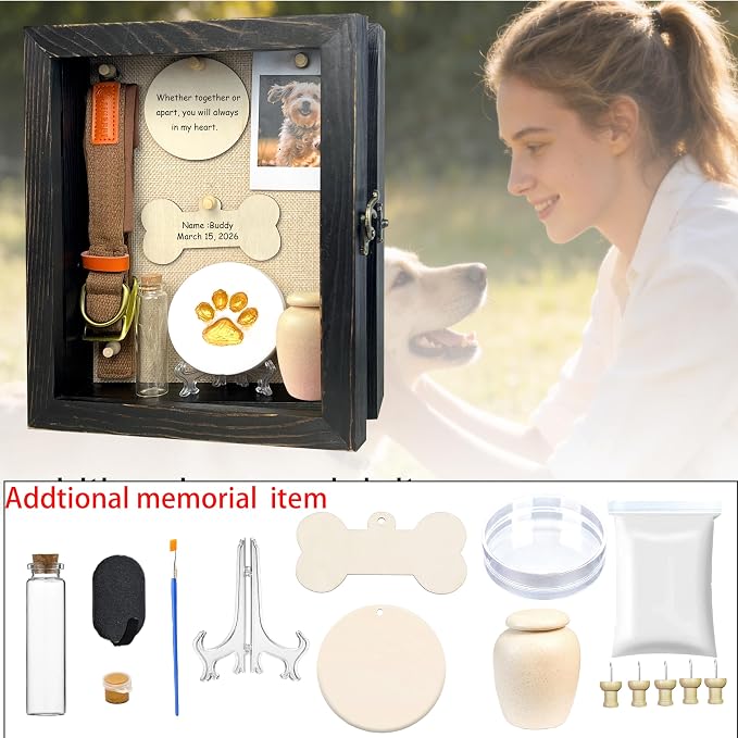 Solid Wood 8x10 Pet Memorial Shadow Box Black Urn Ashes Display Case with Paw Print Kit Dog Memorial Keepsake Gift for Loss of Pet
