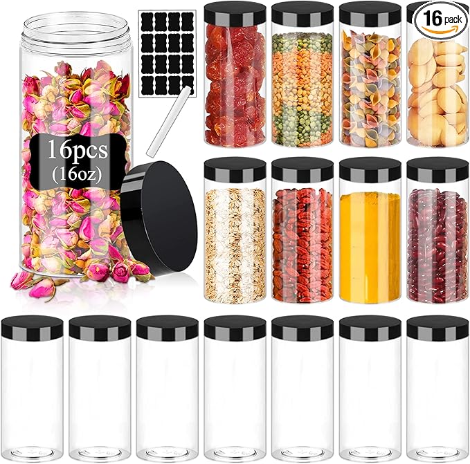 Hajoyful Plastic Jars with Lids 16OZ 16PCS Small Empty Slime Cosmetics Containers Clear Gift Food Jars Round PET Cream Jars with Black Lids Pen Labels for Kitchen Storage Spices Dry Food Butter