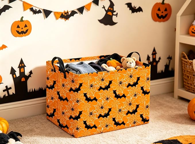 Halloween Basket Cute Baskets for Kids Pumpkin Basket Rectangular Storage Bin Organizer Box Room Decor(Yellow Spider Web)